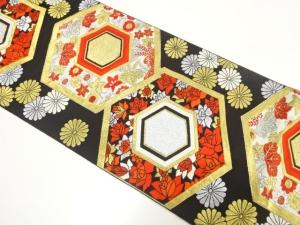 アンティーク　亀甲に桐・菊・薔薇模様織り出し袋帯（着用可）